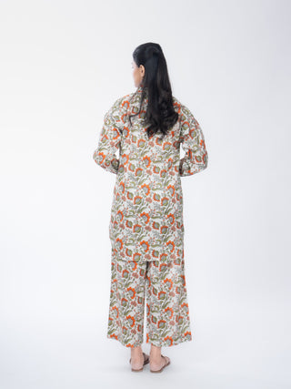 Green Floral Cotton Printed Co-ord Set | Patchwork Detail | For Women