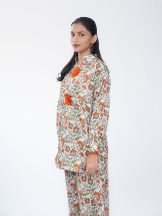 Green Floral Cotton Printed Co-ord Set | Patchwork Detail | For Women