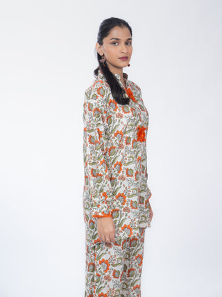 Green Floral Cotton Printed Co-ord Set | Patchwork Detail | For Women