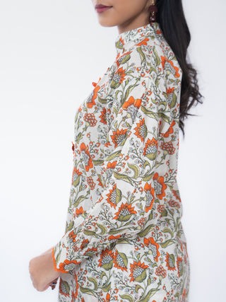 Green Floral Cotton Printed Co-ord Set | Patchwork Detail | For Women