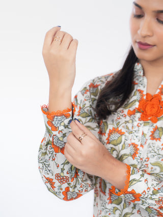 Green Floral Cotton Printed Co-ord Set | Patchwork Detail | For Women