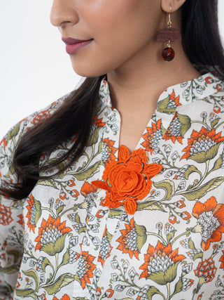 Green Floral Cotton Printed Co-ord Set | Patchwork Detail | For Women