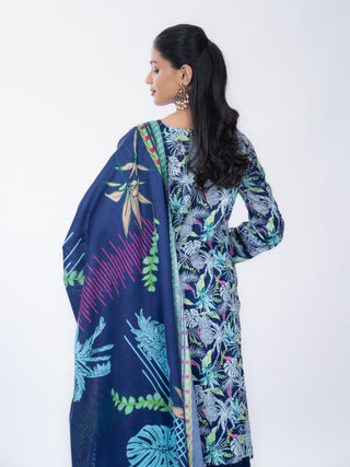 Navy Blue Lawn Floral Kurta Set | With Dupatta | For Women