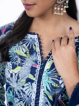 Navy Blue Lawn Floral Kurta Set | With Dupatta | For Women