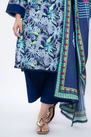 Navy Blue Lawn Floral Kurta Set | With Dupatta | For Women