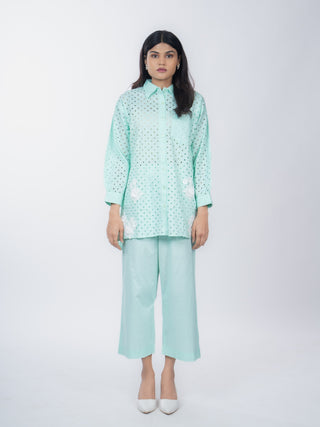 Mint Green Linen Polka Dot Co-ord Set | Schiffli Work | For Women