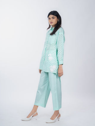 Mint Green Linen Polka Dot Co-ord Set | Schiffli Work | For Women