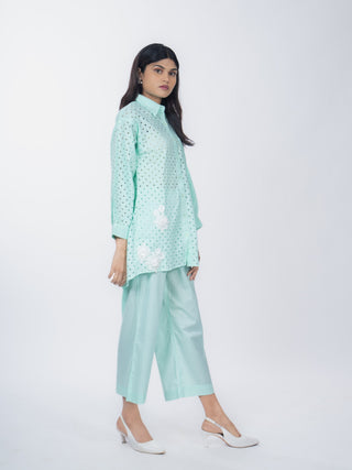 Mint Green Linen Polka Dot Co-ord Set | Schiffli Work | For Women