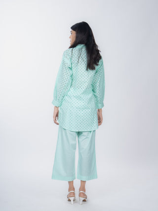 Mint Green Linen Polka Dot Co-ord Set | Schiffli Work | For Women