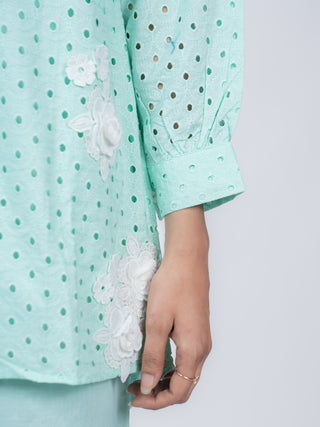 Mint Green Linen Polka Dot Co-ord Set | Schiffli Work | For Women