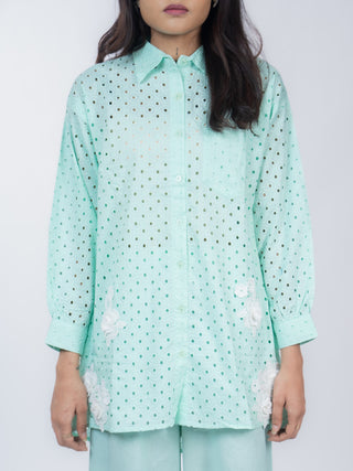 Mint Green Linen Polka Dot Co-ord Set | Schiffli Work | For Women