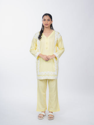 Lemon Yellow Cotton Striped Short Kurta Set | Lace Border | For Women