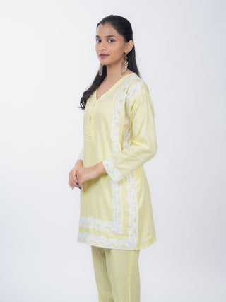 Lemon Yellow Cotton Striped Short Kurta Set | Lace Border | For Women