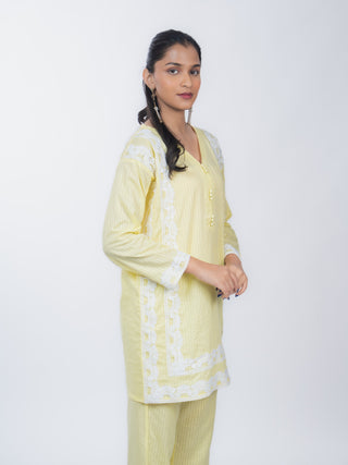 Lemon Yellow Cotton Striped Short Kurta Set | Lace Border | For Women
