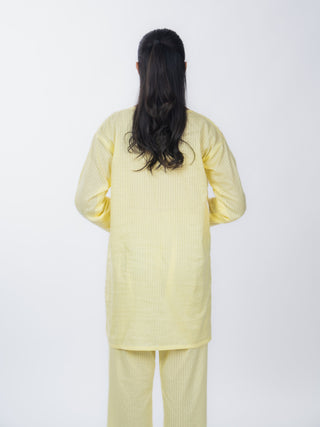 Lemon Yellow Cotton Striped Short Kurta Set | Lace Border | For Women