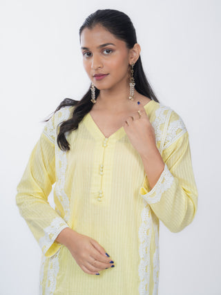Lemon Yellow Cotton Striped Short Kurta Set | Lace Border | For Women