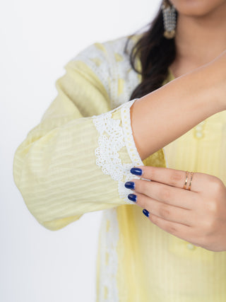 Lemon Yellow Cotton Striped Short Kurta Set | Lace Border | For Women