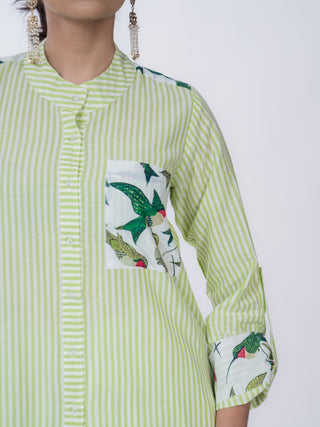 Light Green Striped Cotton Striped Kurta Set | With Pockets | For Women