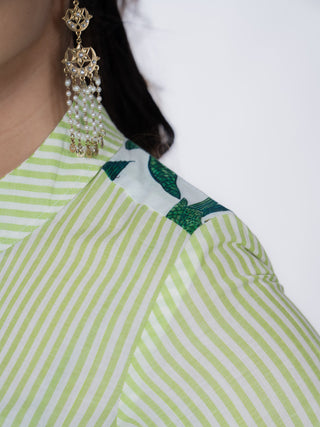 Light Green Striped Cotton Striped Kurta Set | With Pockets | For Women