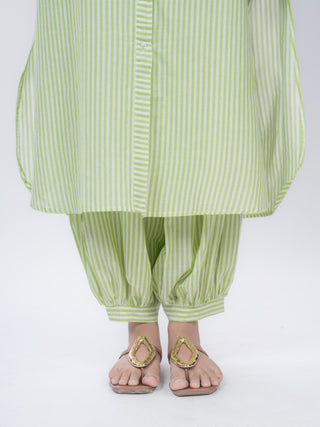Light Green Striped Cotton Striped Kurta Set | With Pockets | For Women