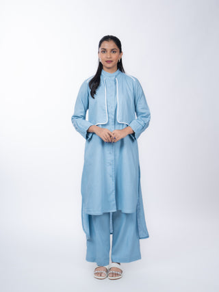 Sky Blue Cotton Solid Kurta Set | High-Low Hem | For Women