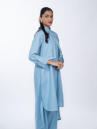 Sky Blue Cotton Solid Kurta Set | High-Low Hem | For Women
