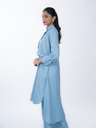 Sky Blue Cotton Solid Kurta Set | High-Low Hem | For Women