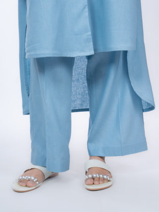 Sky Blue Cotton Solid Kurta Set | High-Low Hem | For Women
