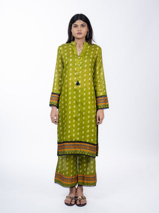 Olive Green Cotton Printed Co-ord Set | Mango Print | For Women