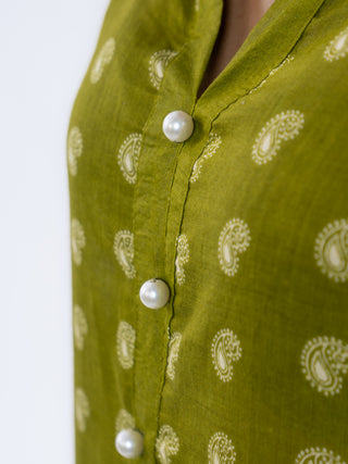Olive Green Cotton Printed Co-ord Set | Mango Print | For Women