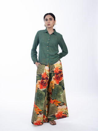 Forest Green Lawn Solid Floral Co-ord Set | Mixed Pattern | For Women