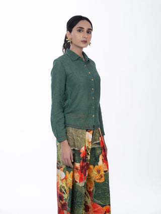 Forest Green Lawn Solid Floral Co-ord Set | Mixed Pattern | For Women
