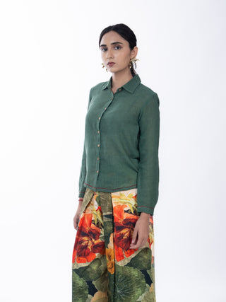Forest Green Lawn Solid Floral Co-ord Set | Mixed Pattern | For Women