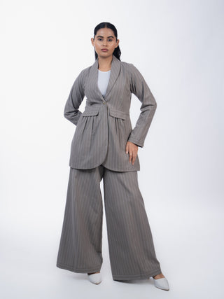 Grey Linen Striped Co-ord Set | Jacket Style | For Women