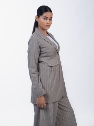 Grey Linen Striped Co-ord Set | Jacket Style | For Women