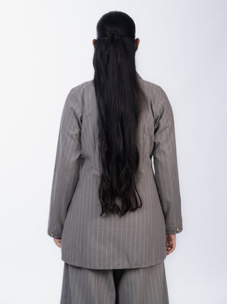 Grey Linen Striped Co-ord Set | Jacket Style | For Women
