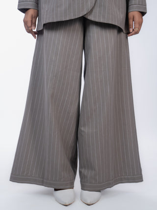 Grey Linen Striped Co-ord Set | Jacket Style | For Women