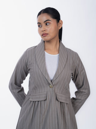 Grey Linen Striped Co-ord Set | Jacket Style | For Women