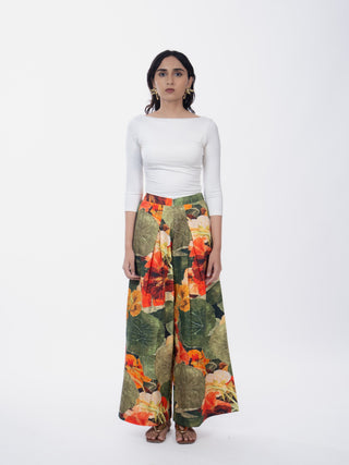 Green Floral Printed Cotton Box Pleat Wide-Leg Pants