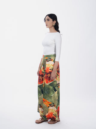 Green Floral Printed Cotton Box Pleat Wide-Leg Pants