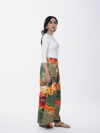 Green Floral Printed Cotton Box Pleat Wide-Leg Pants