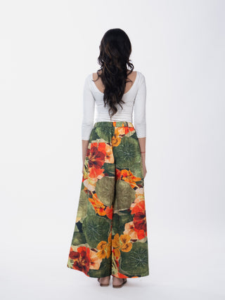 Green Floral Printed Cotton Box Pleat Wide-Leg Pants