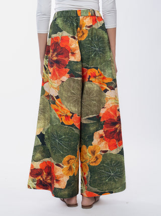 Green Floral Printed Cotton Box Pleat Wide-Leg Pants