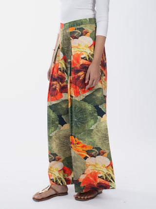 Green Floral Printed Cotton Box Pleat Wide-Leg Pants