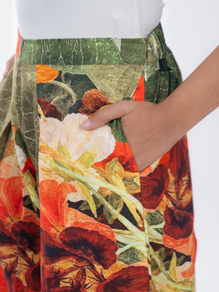 Green Floral Printed Cotton Box Pleat Wide-Leg Pants