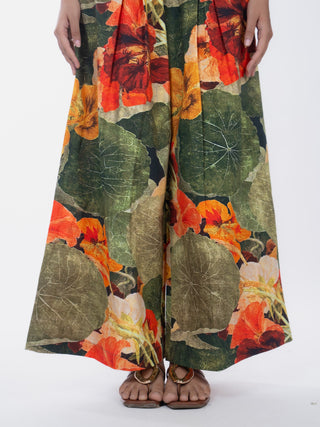 Green Floral Printed Cotton Box Pleat Wide-Leg Pants