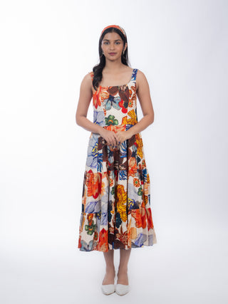 Multicolor Floral Cotton Midi Dress | Tiered Design | For Women