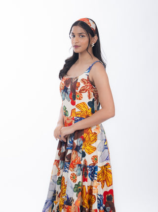 Multicolor Floral Cotton Midi Dress | Tiered Design | For Women