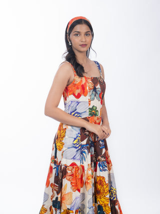 Multicolor Floral Cotton Midi Dress | Tiered Design | For Women