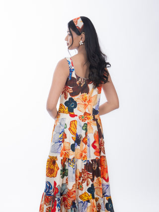 Multicolor Floral Cotton Midi Dress | Tiered Design | For Women